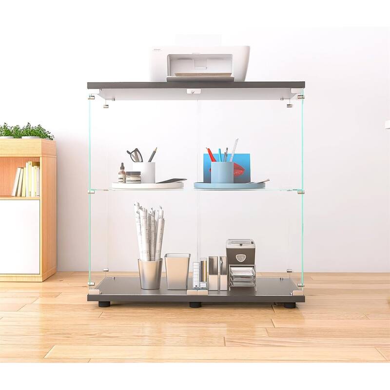 2 Shelves Display Cabinet with Glass Doors, Glass Display Cabinet, Floor Standing Curio Display Cabinet Trophy Display Case - 2 Shelves Black