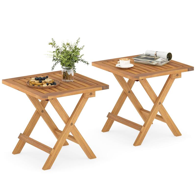 16” Portable Natural Acacia Wood Folding Side Table with Slatted Tabletop Ideal for Indoor or Outdoor - Setof2
