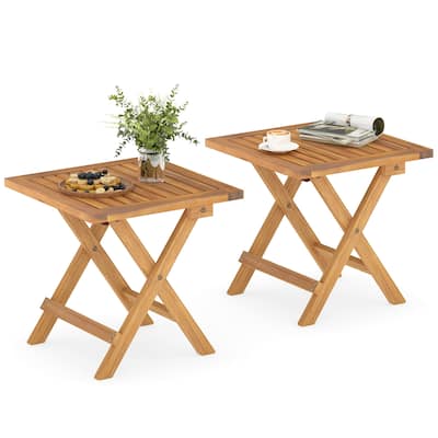 Gymax 2 PCS Outdoor Folding Side Table Acacia Wood End Table Square