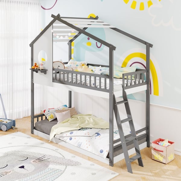 slide 2 of 8, Twin Over Twin House Bunk Bed with Roof for Kids Sleeping and Play
