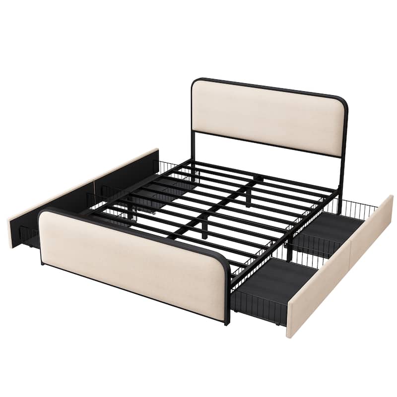King Size Metal Bed Frame with Curved Headboard and 4 Storage Drawers