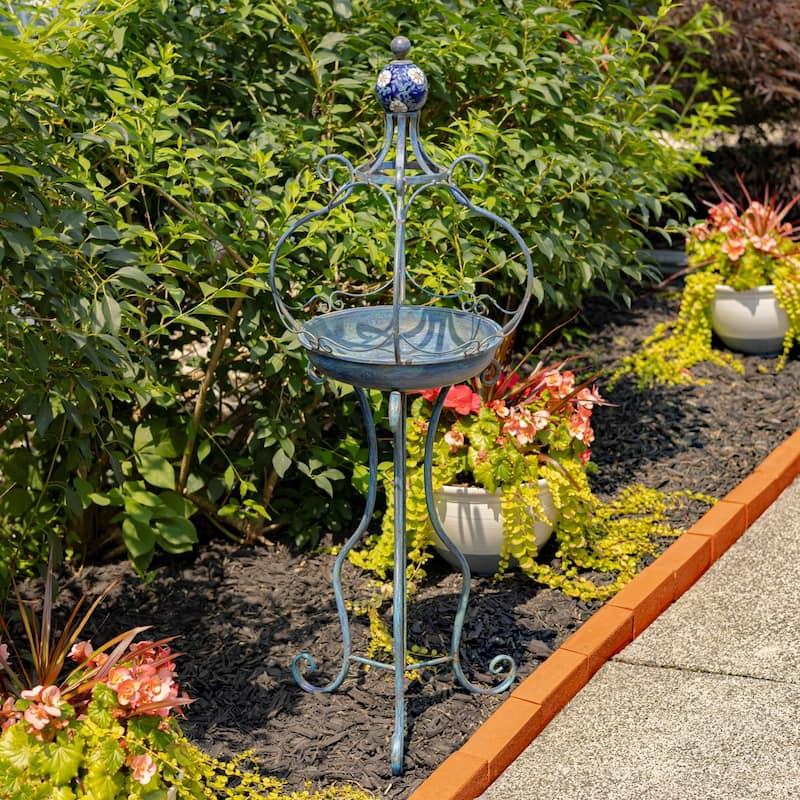 45 Inch Tall Standing Blue Iron Birdbath with Ceramic Sailor Ball - 14.57x14.57x44.88