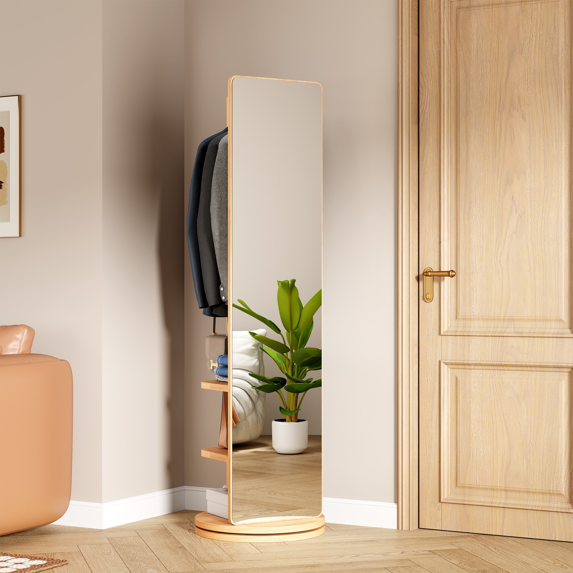360 Rotating 66" Multifunctional Full Length Mirror with Hook Storage Rack Coat Rack For Bedroom Living Room