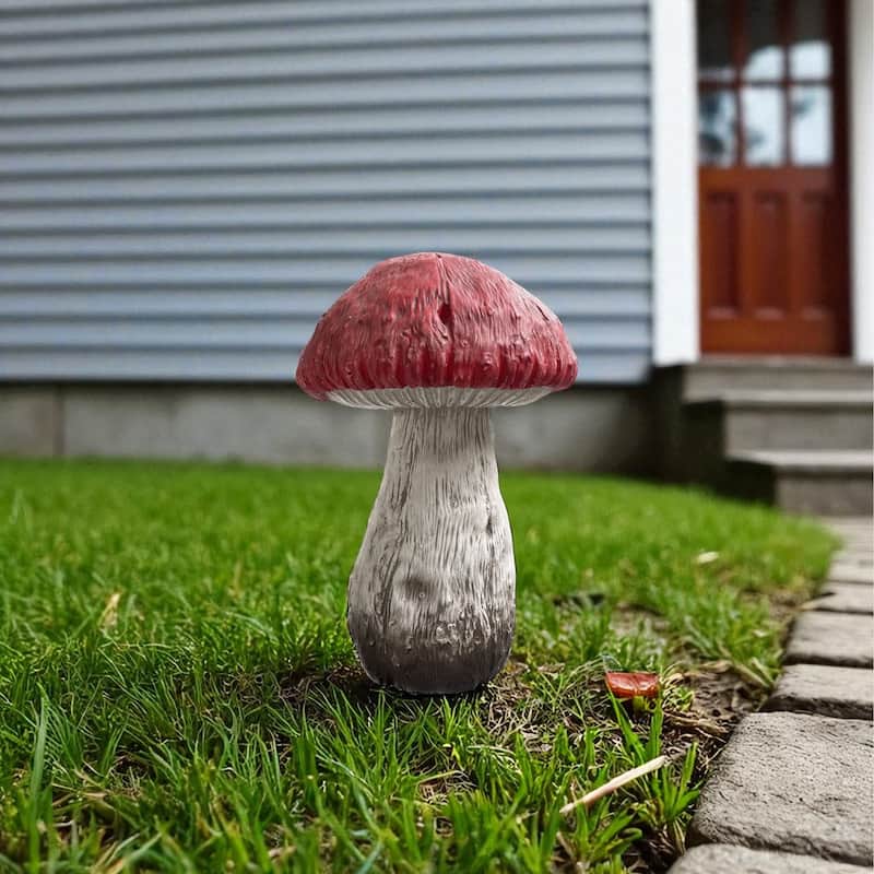 HomeRoots 15" Red And White Polyresin Mushroom Outdoor Statue - White/Red - Polyresin