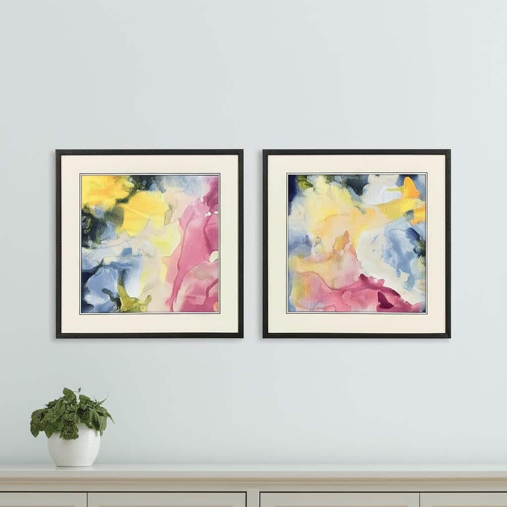 HomeRoots Set Of Two Modern Abstract Watercolor Black Framed Wall Art