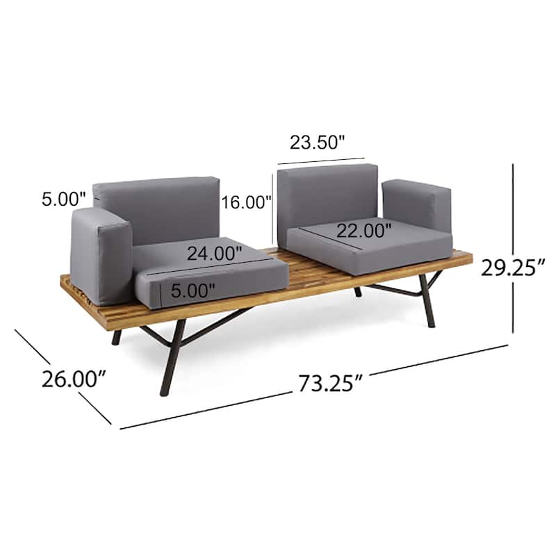Acacia Wood Outdoor 2-Seater Sofa w/ Metal Legs, Patio Garden Loveseat