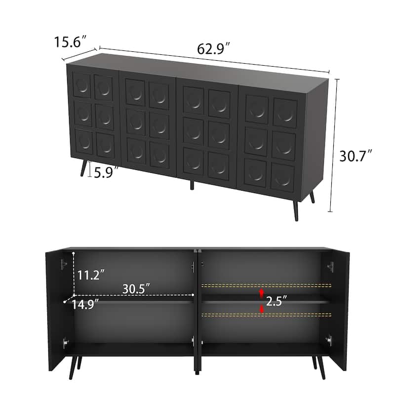 Storage Cabinet Buffet Sideboard with 4 Fluted Doors, Wood Accent Entryway Table with Adjustable Shelves