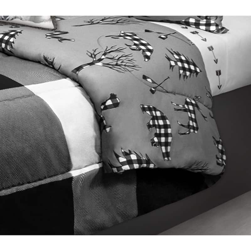 Comforter 3 Piece Set Full-Queen Printed Buffalo Plaid White/Black - On