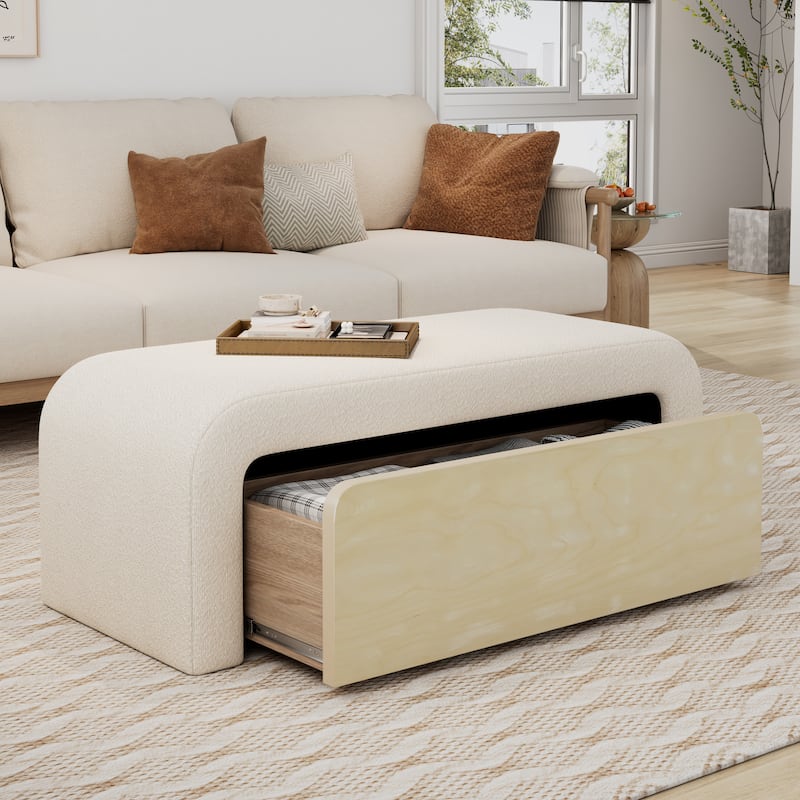 Christopher Knight Home - Zephyrine Boucle Storage Ottoman with Paulownia Drawer and Padded Versatility