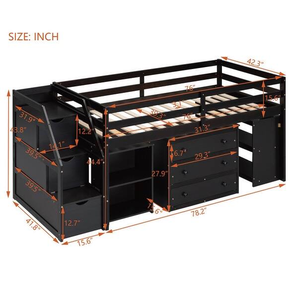 dimension image slide 9 of 12, Modern Wooden Loft Bed with Retractable Writing Desk and 3 Drawers, Storage Stairs and Shelves
