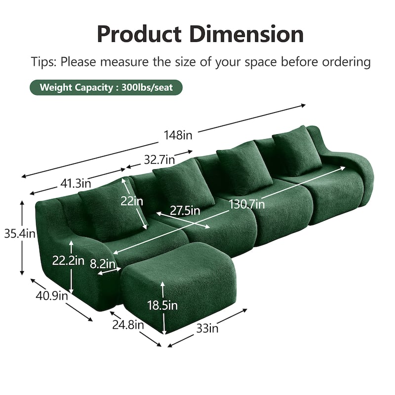 Oversized Sectional Sofa with Ottoman for Living Room, 118" Modern Floor Teddy Fabric Sofa L-Shape Couch with 4 Throw Pillows