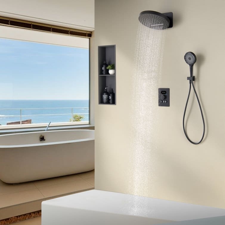 Wall-Mounted Thermostatic 12-in Rainfall and Waterfall Shower System With 3-way handshower - Matte Black