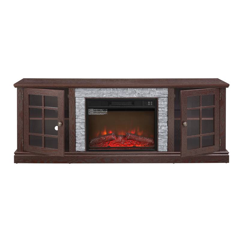 GDFStudio Thatch Wood 70" TV Stand with Faux Stacked Stone Fireplace and 2 Door Storage