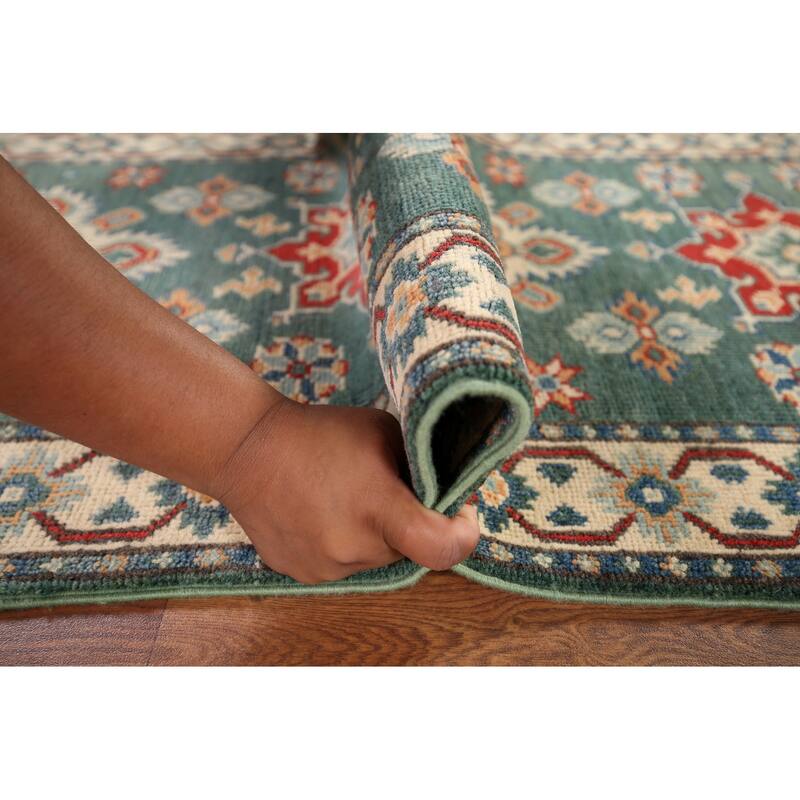 Geometric Green Kazak Oriental Runner Rug Hand-Knotted Wool Carpet - 2'3" x 5'11"