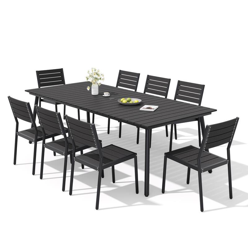 9-Piece Outdoor Patio Dining Set Wood-Like Table Top Alumium Umbrella Hole Table with Stackable Armless Dining Chairs