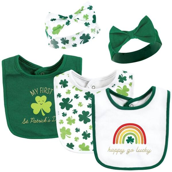 slide 1 of 1, Hudson Baby Infant Girl Cotton Bib and Headband or Caps Set, St Patricks Rainbow, 0-9 Months - St Patricks Rainbow - One Size