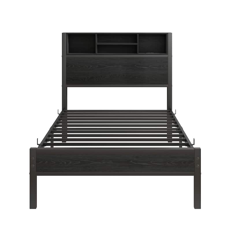 Metal Platform Bed Frame with Wooden Headboard Footboard, Bookcase Storage, Charging Station, No Box Spring Needed, Noise-Free