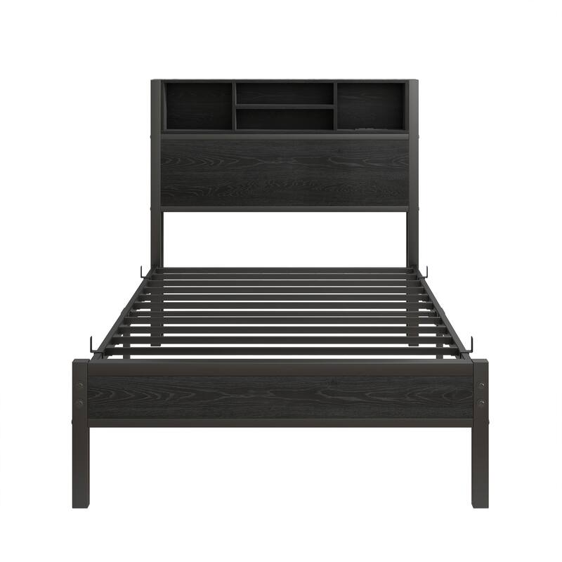 Twin Size Wood Platform Bed with Storage Headboard (2 USB/2 Outlets) and Bookcase Shelves and Under-Bed Storage