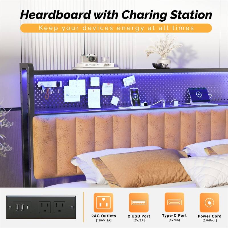 Adjustable Upholstered Headboard with 2 Tier Shelves with Charging Stations and LED Lights, Modern Bed Headboard with Storage