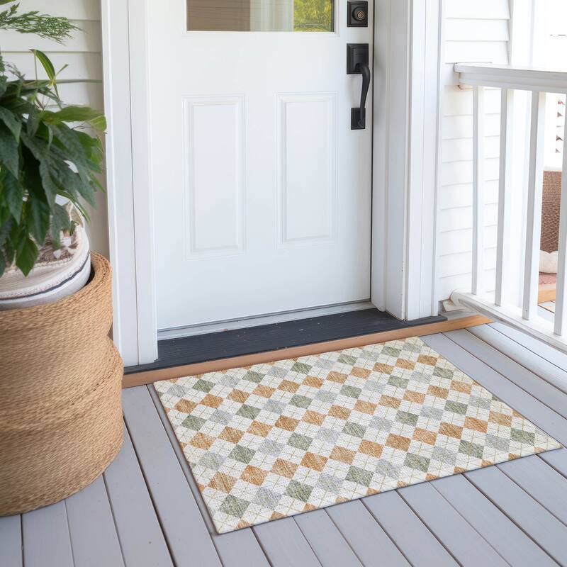 Machine Washable Indoor/ Outdoor Modern Plaid Chantille Rug - Coral - 1'8" x 2'6"