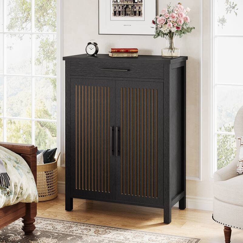 Shoe Cabinet with Louvered Doors & Drawer, Freestanding Wooden Shoe Rack for Entryway