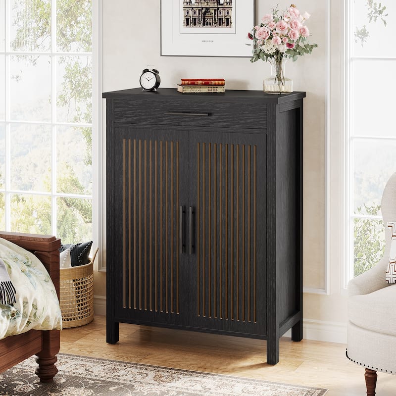 Shoe Storage Cabinet with Louvered Doors & Drawer, Wooden Shoe Rack for Closet, Entryway