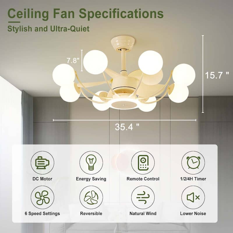 Indoor Black Modern Ceiling Fan with Light, Reversible Fandelier with Bulbs and Remote for Living Room