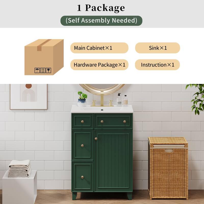 Bathroom Vanity with Ceramic Sink, Single Vanity with Soft Closing Door, Solid Wood Bathroom Cabinet with 2 Drawers