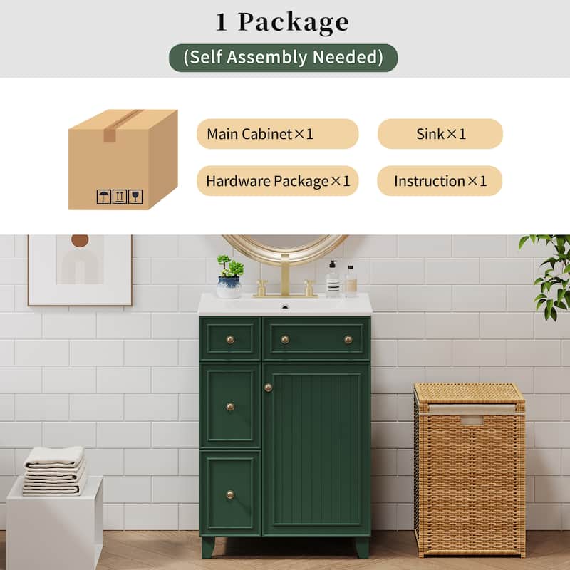 Roomfitters 24" Bathroom Vanity Cabinet with Ceramic Sink, 2 Drawers, 1 Soft-Close Door