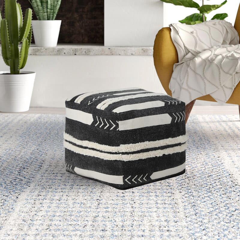 Modern 18 Inch Black Cotton Pouf Ottoman with Geometric Design