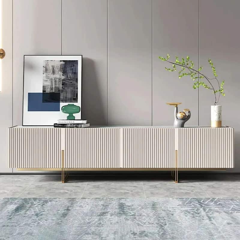 JASIWAY Beige Stone Top TV Stand with 4 Doors 6 Shelves - 86.61" X 15.7" X 23.6" - Beige