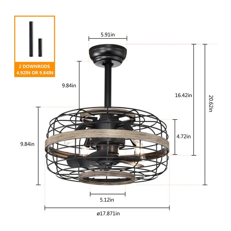 Cusp Barn 18-Inch Industrial Metal Caged Ceiling Fan with Light, Farmhouse Reversible 3-Speed Ceiling Fan Light with Remote