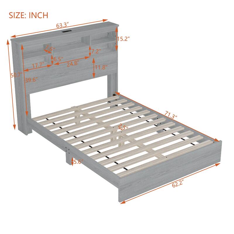 Vintage Platform Bed With Storage Headboard and Charging Station - Light Gray