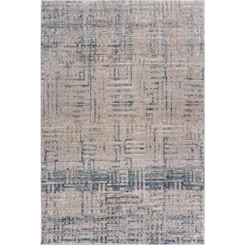 LR Home Carved Transitional Geometric Polyester Area Rug, Cream and Blue
