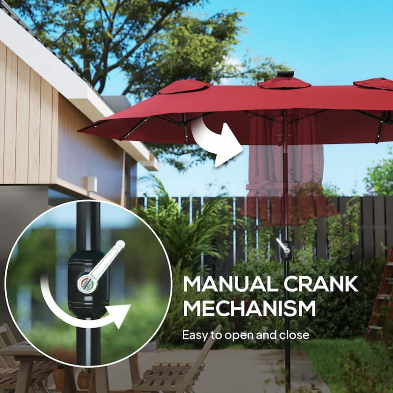 Double Sided Solar LED Patio Umbrella with 36 Lights Wine Red Outdoor Garden Poolside Shade Tilt Crank