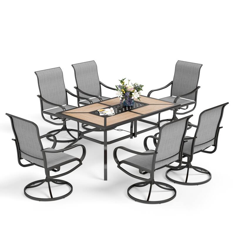 MAISON ARTS 7 PCS Outdoor Patio Dining Set with High Back Textilene Swivel Chair and a Wood Grain Table with Umbrella Hole - Grey