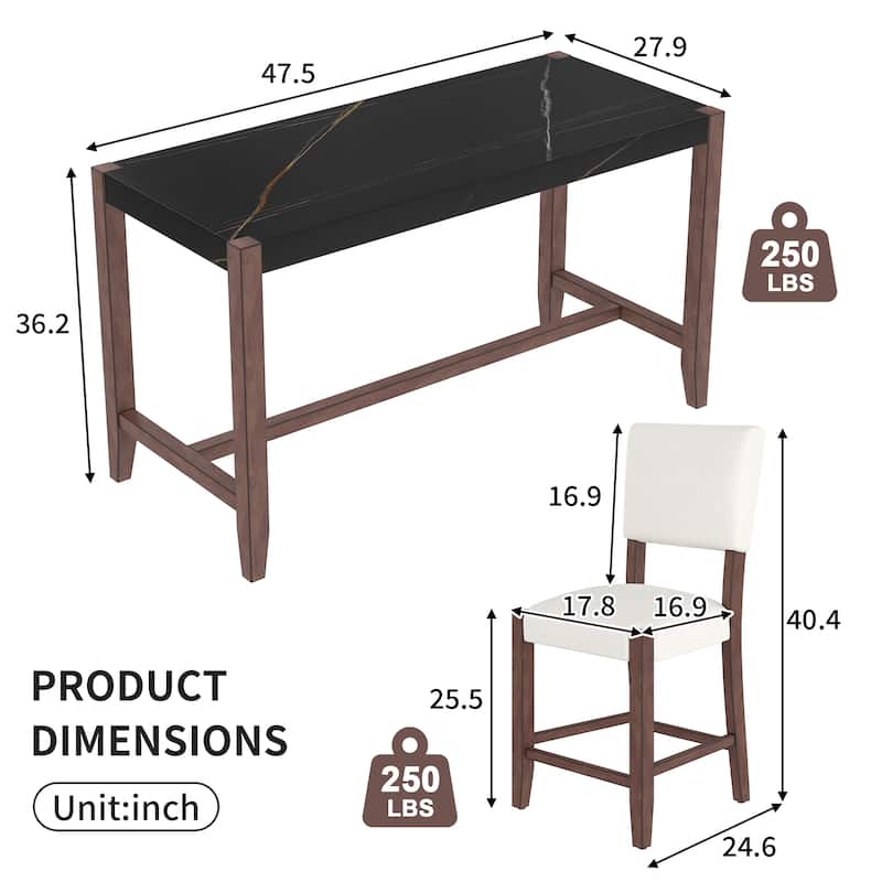 5-Piece Counter Height Dining Table Set, Faux Marble Bar Table and 4 Upholstered-Seat Chairs, Modern Dining Set for Dining Room