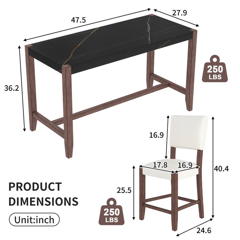 5-Piece Counter Height Dining Table Set with Faux Marble Top, Table and 4 Upholstered Chairs for Kitchen or Dining Room