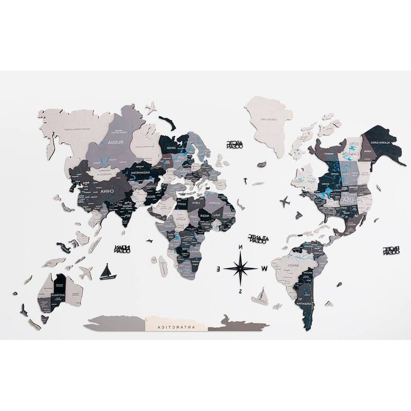 HomeRoots 24" X 39" Black Gray and White Wood World Map Hanging Dimensional Sculpture