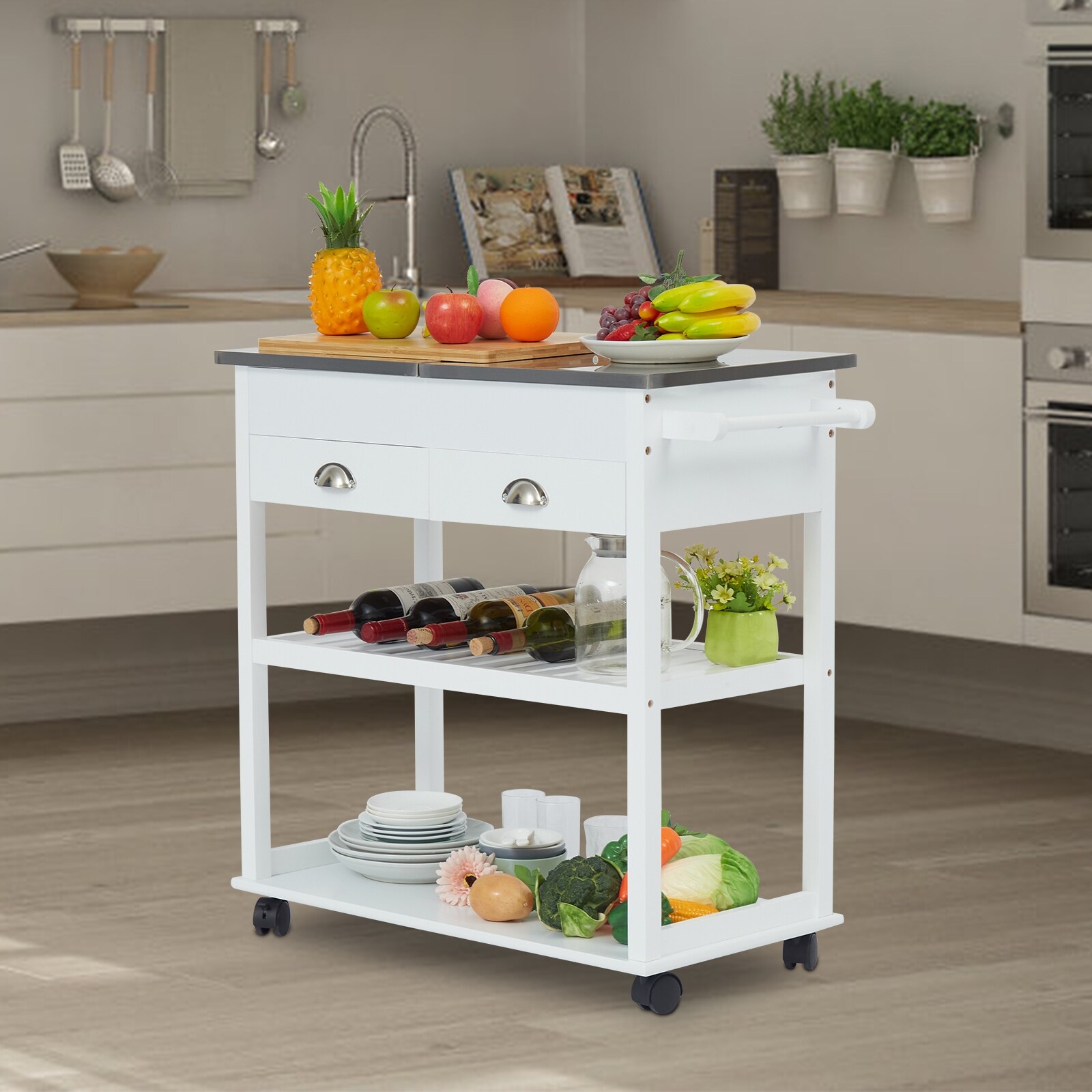 Kitchen Island Cart, Rolling Cart w/ 2 Drawers, 2 Storage Shelves, Stainless Steel Flip Top Utility Trolley w/ Wheels, White