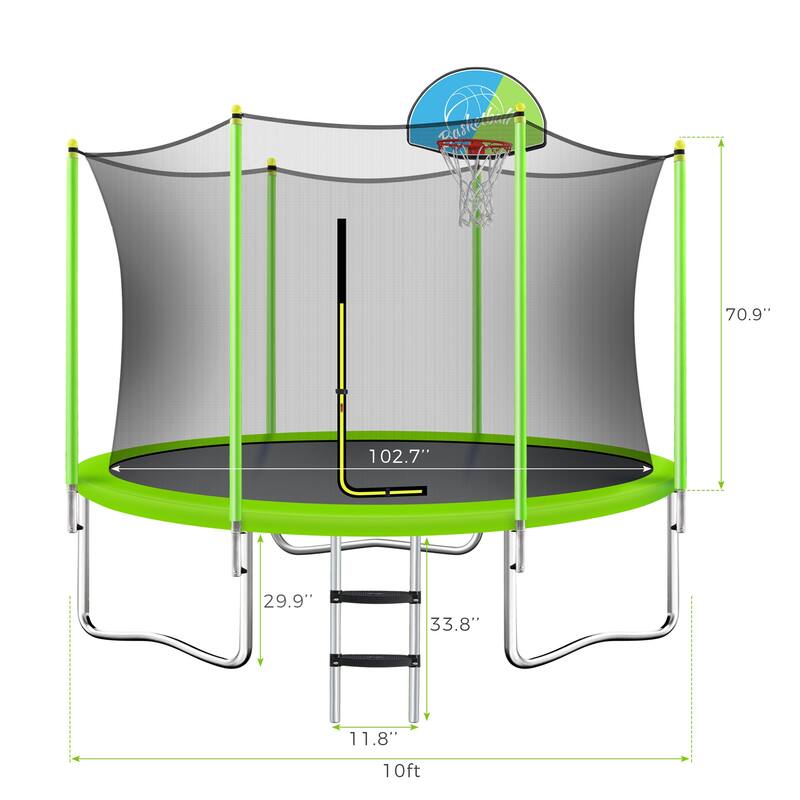10FT Kids Trampoline with Safety Enclosure, Basketball Hoop and Ladder - Metal Outdoor Fitness Sports Trampoline - Green