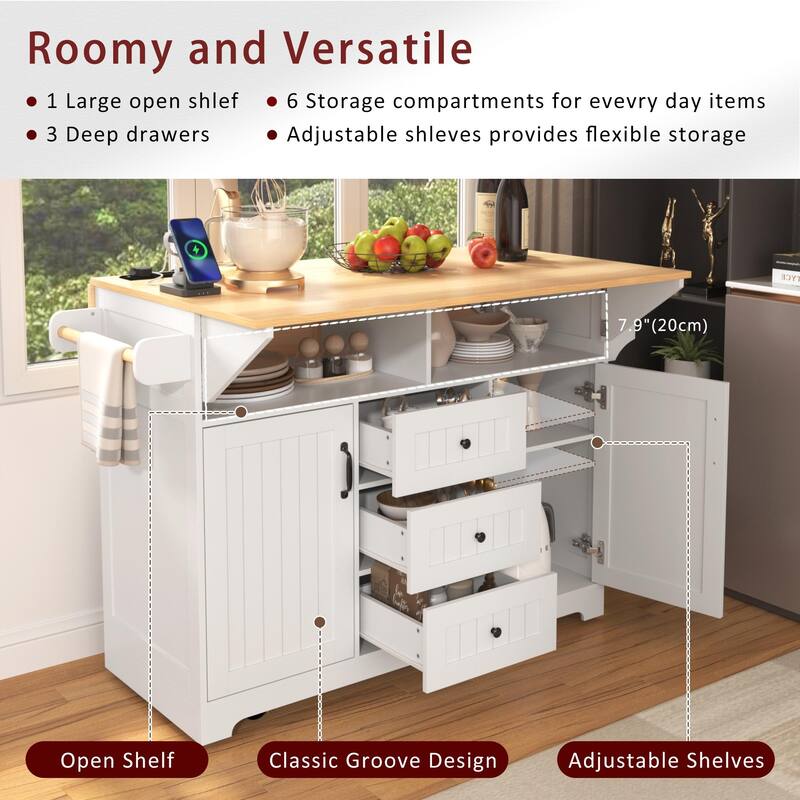 55.7" Kitchen Island with Drop Leaves, Rolling Cart with Power Outlet, Spice Rack, and 3 Drawers