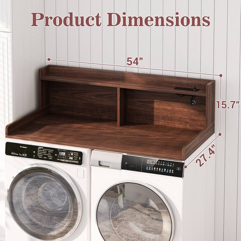 54" x 27.4" Laundry Countertop for Washer and Dryer with Non-Slip Pads，LED Lights，Power Outlets