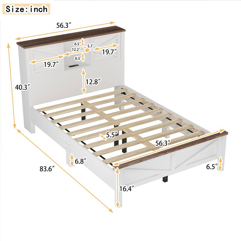 Full Size Rustic Wood Platform Bed with Double Sliding Barn Door, Charging Station, and Wood Slats Support