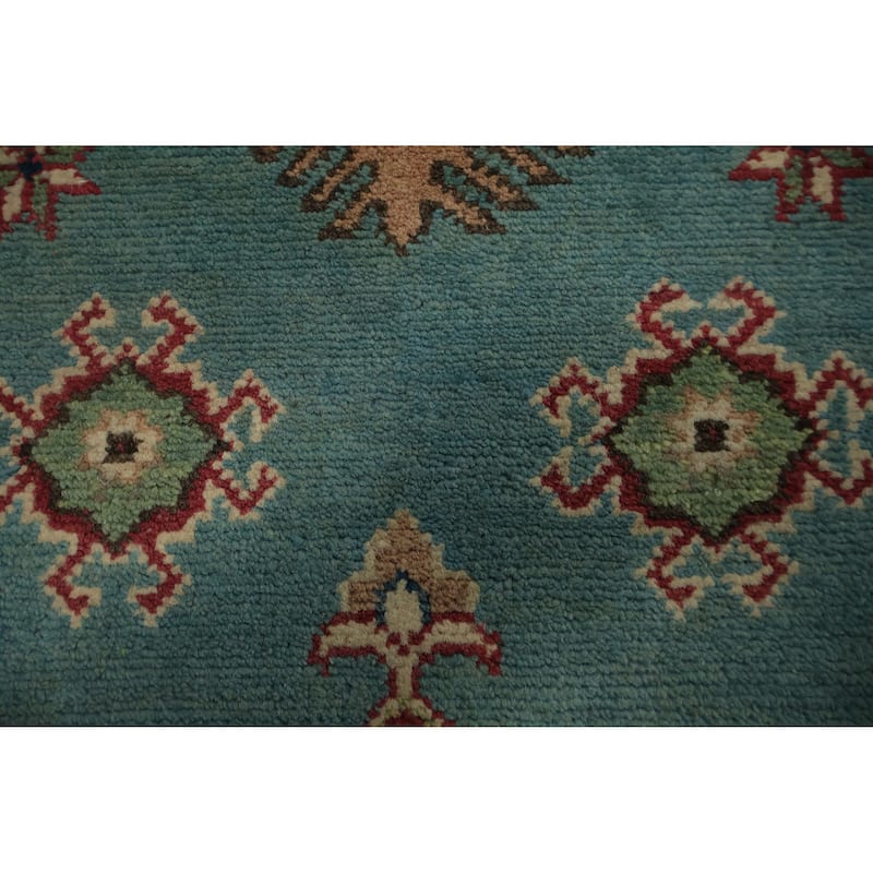 Hand Knotted Oriental 100% Wool Carpet Traditional Geometric Navy Blue & Blues Kazak Runner Rug - 9' 8'' X 2' 9''