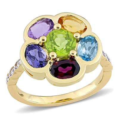 Multi-color Gemstone and Diamond Accent Composite Flower Ring in Yellow Plated Sterling Silver by Miadora