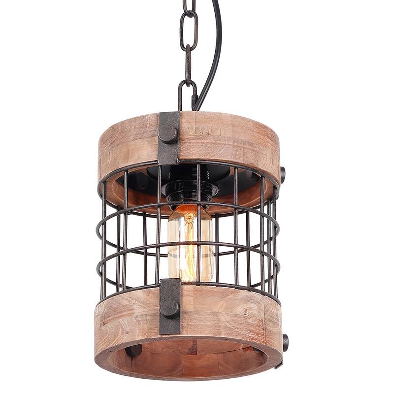 Anmytek Round Pendant Light Metal Wood Chandelier Rustic Loft Antique Edison Light Fixtures and Ceiling Light