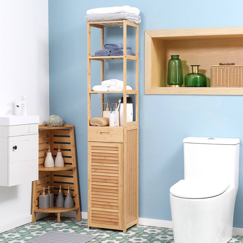 Natural Tall Bathroom Cabinet Display Cabinet with Open Shelves, Rustic Floor Cabinet with Louvered Door - Natural Wood