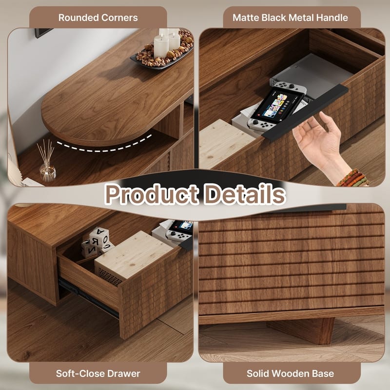 71" Mid-Century Walnut Finish TV Stand - Slatted Drawers, Open Shelves, 2-Tier Media Console