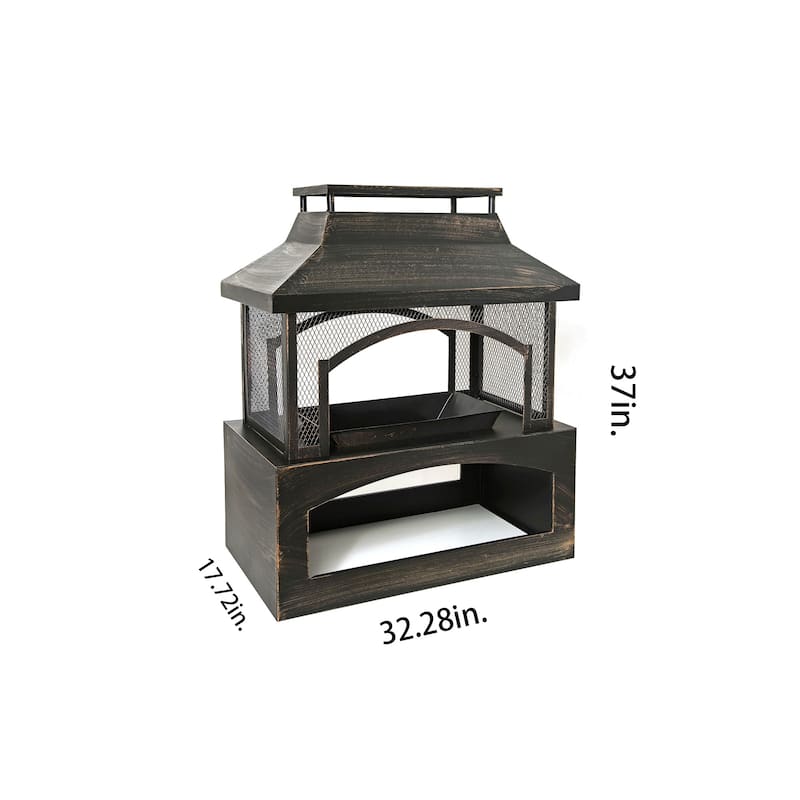 37-Inch Rectangular Metal Outdoor Wood Burning Fireplace - Outdoor Fireplace with Built-in Log Storage and Poker-Brushed Bronze